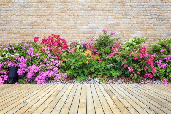Farverigt blomsterbed ved terrasse.