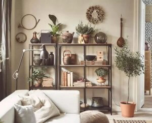 Du kan fylde en hylde med små planter og bøger