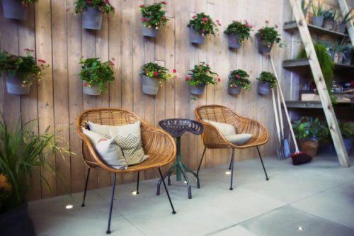 gårdhave med mange planter