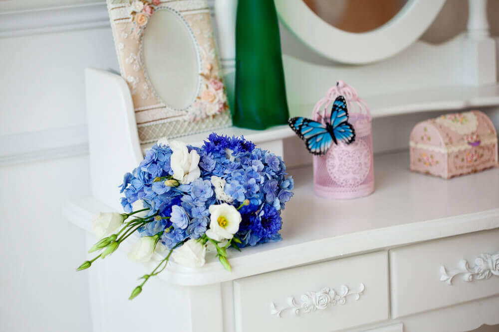 Blå sommerfugl udsmykker kommodetop.