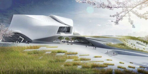 Bygning med kurvede og lige linjer