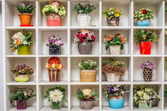 hylde fyldt med blomsterpotter