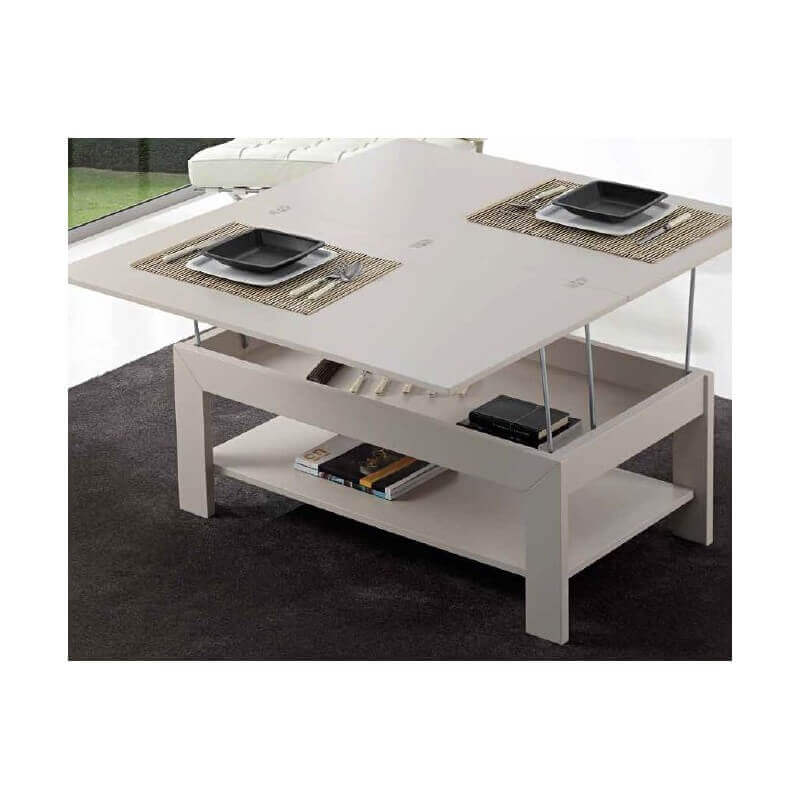 Multifunktionelt sofabord hævet til spiseplads.