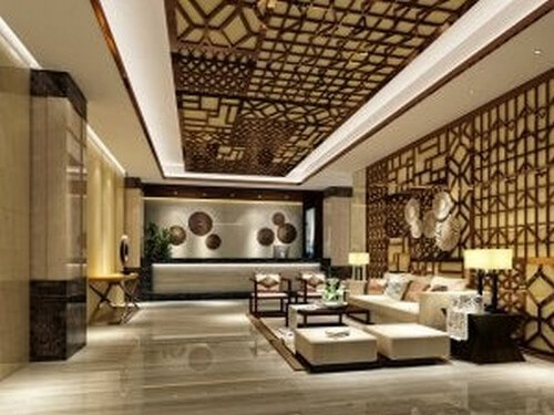 Flot hotellobby med brune nuancer
